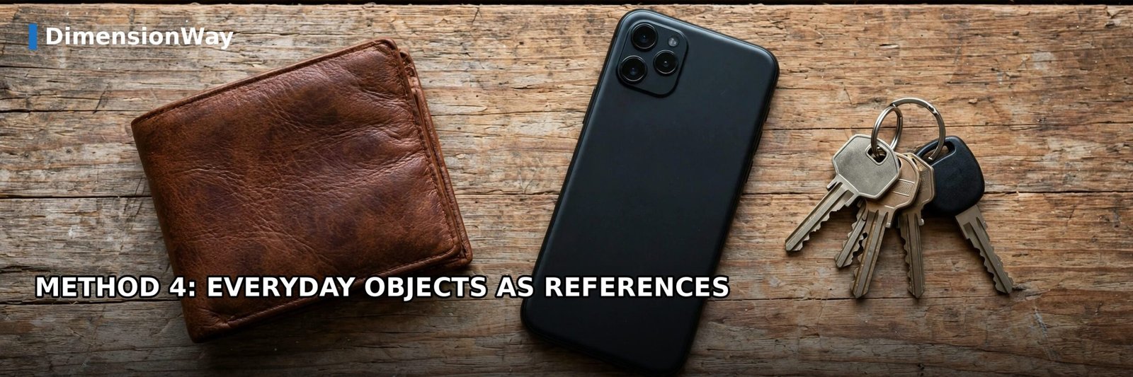 Wallet, smartphone and keys on a wooden table as everyday measuring references