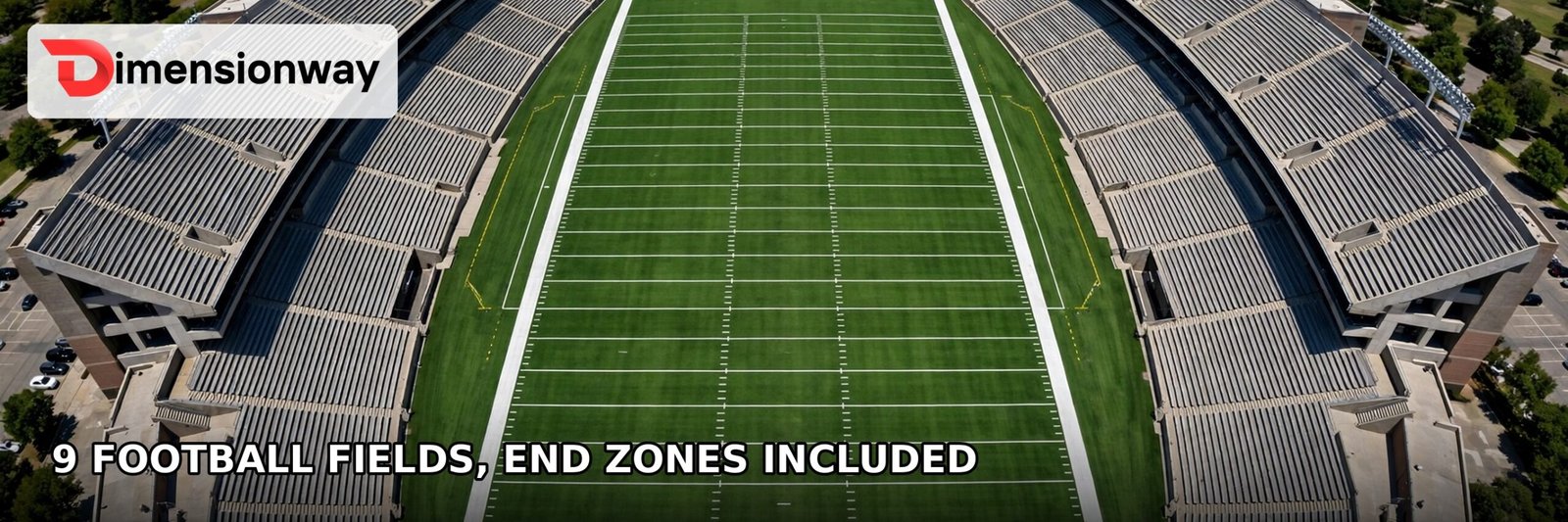 Aerial view of an American football field, nine of which with end zones measure just under one kilometer