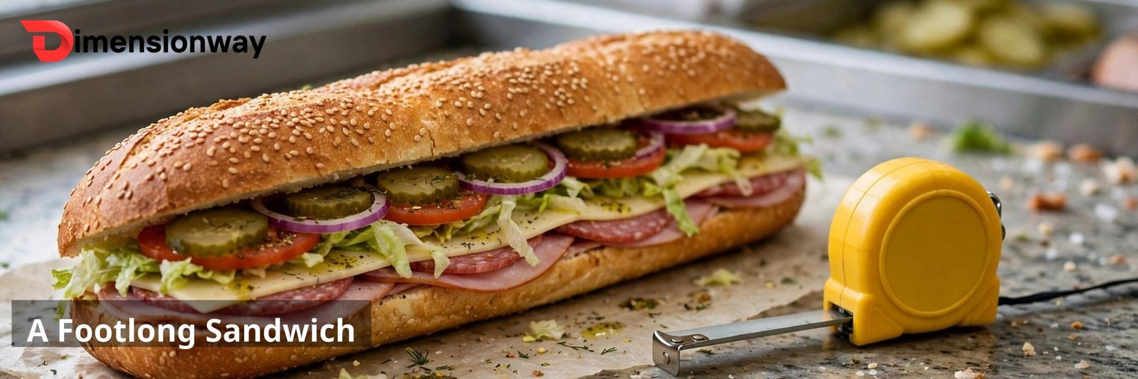 A footlong submarine sandwich on a counter next to a tape measure.