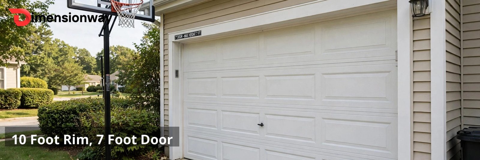 A basketball hoop in a driveway next to a garage, the rim well above the door top.