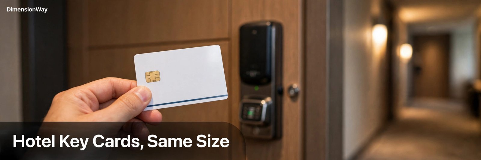 A hotel key card held in front of a modern hotel room door with an electronic lock.
