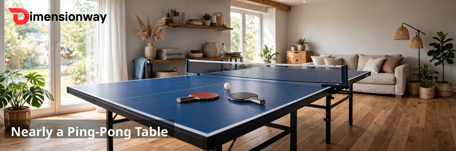 A blue ping pong table in a bright home game room.