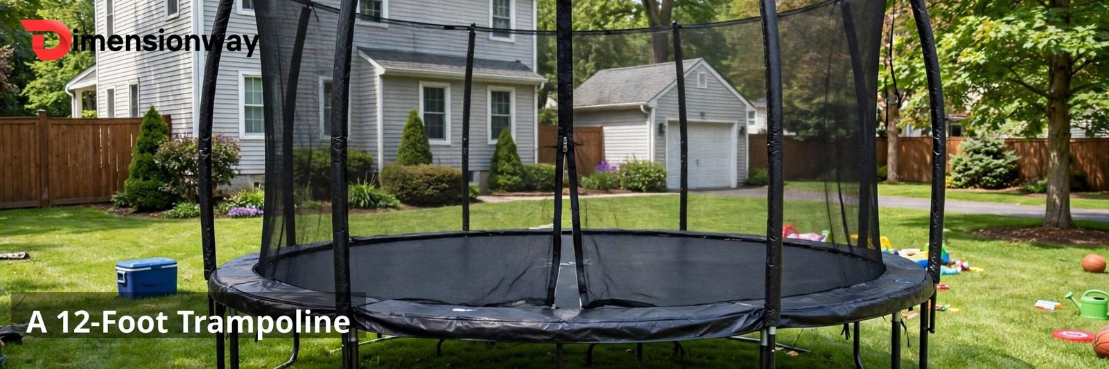 A 12-foot round trampoline in a suburban backyard.