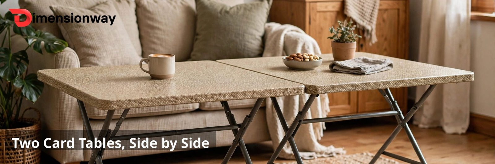 Two small square folding card tables pushed side by side in a living room forming one long table.