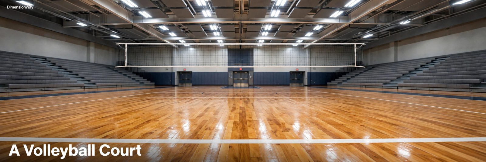 Indoor volleyball court with net, 59 feet long, one foot short of 60.