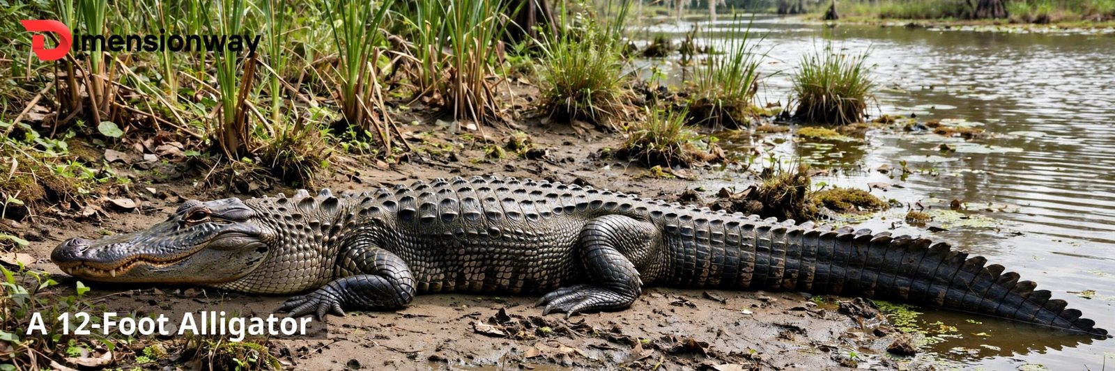 A large American alligator stretched out along a riverbank.