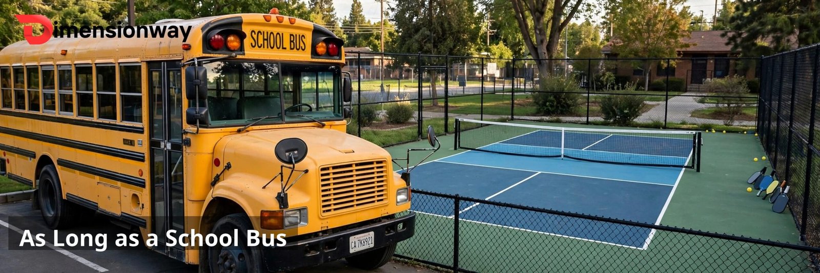 Yellow school bus next to a pickleball court.