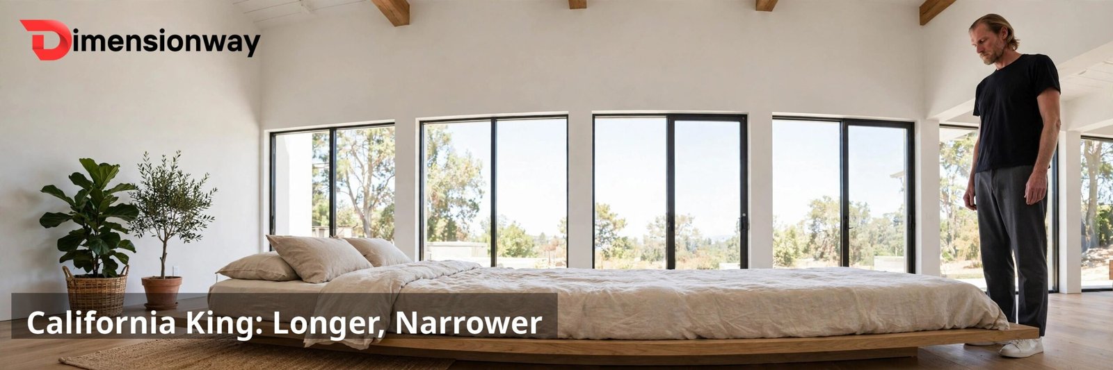 A long California king bed in a minimalist bedroom with a tall man standing beside it.