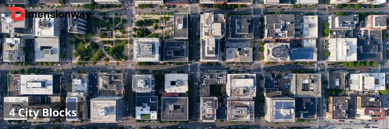 Aerial view of city blocks with streets.