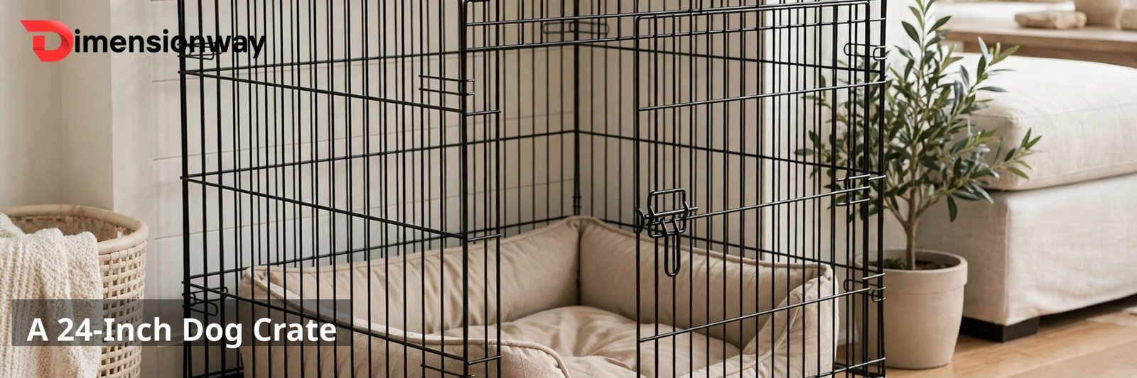 A wire dog crate with a dog bed inside.