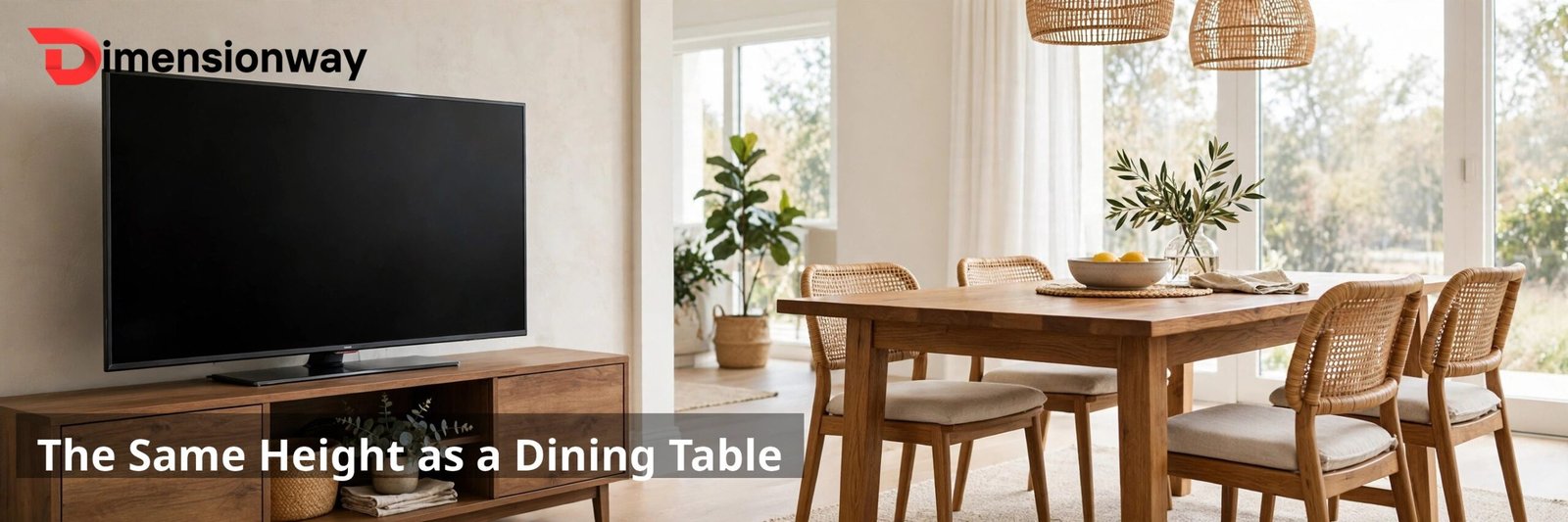 55 inch TV on its stand beside a dining table, the same height.