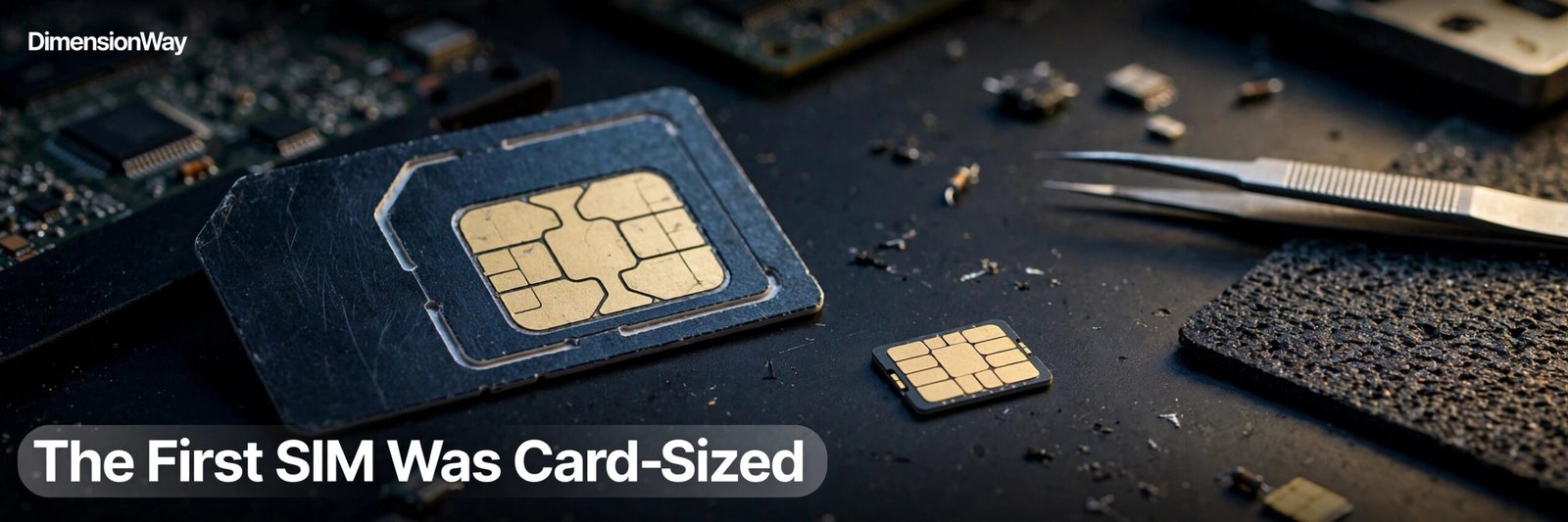 A vintage 1990s full-size SIM card next to a tiny modern nano-SIM on a tech workbench.