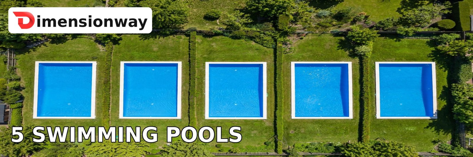Aerial view of five in-ground swimming pools totaling 1000 square feet