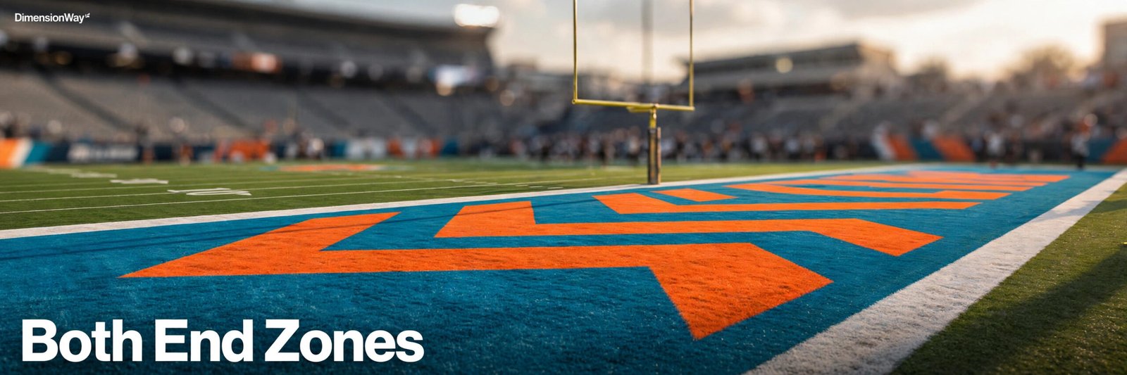 Football field end zones marked in bright team colors, two end zones equal 60 feet.