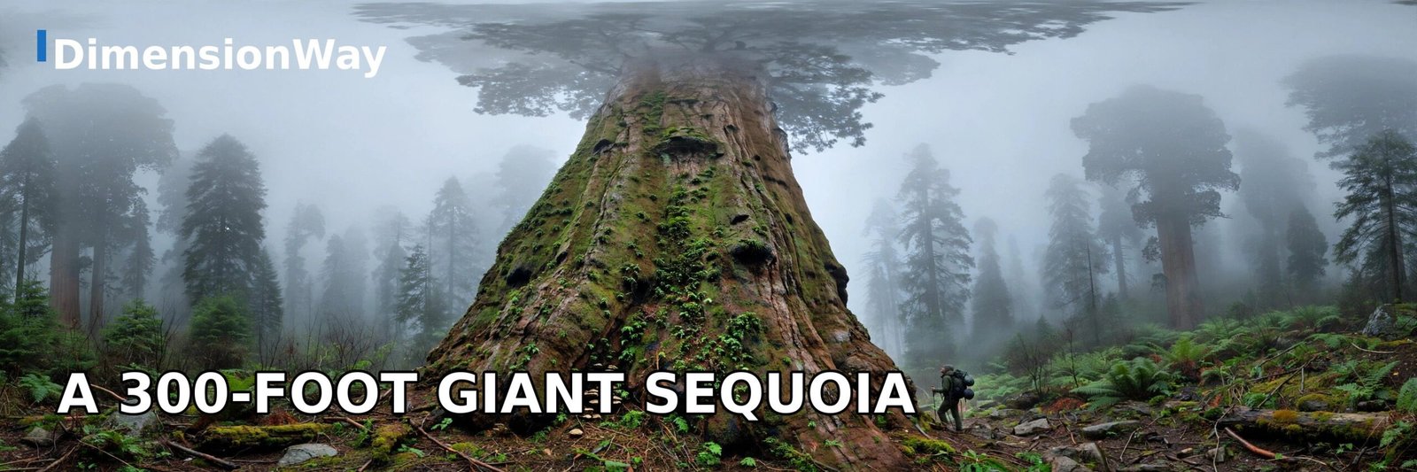 Giant sequoia tree towering into a misty forest sky with a tiny hiker at its base.
