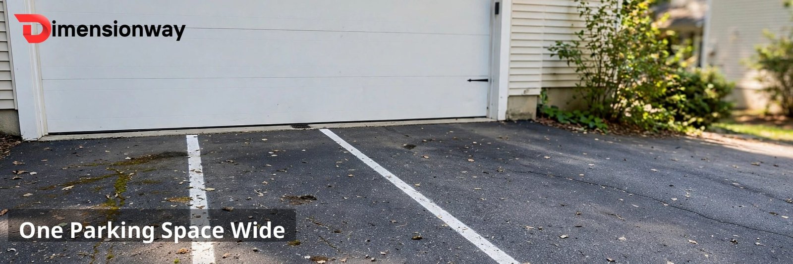 Painted parking space lines next to a garage door, showing the same 9 foot width.