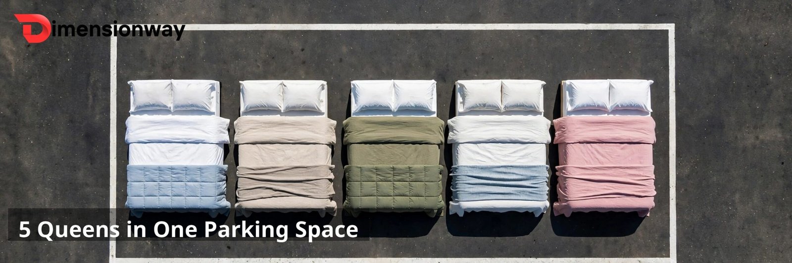 Queen beds tiled inside the outline of one parking space, seen from above.