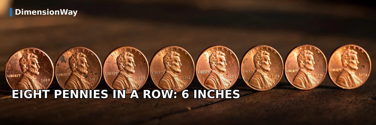 Neat row of eight copper pennies on a wooden table measuring exactly 6 inches