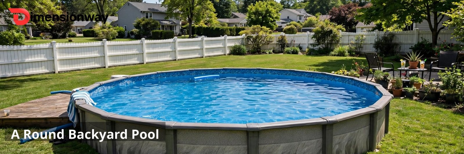 A round above-ground swimming pool in a sunny backyard.