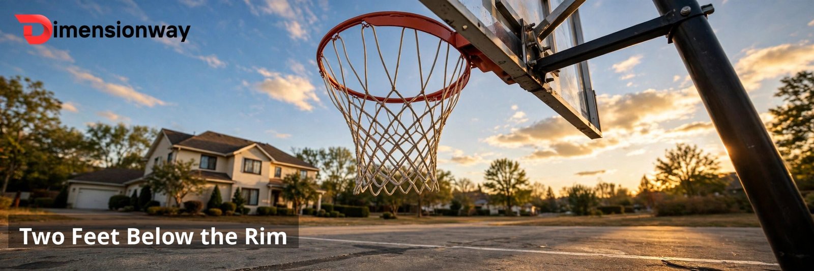 A basketball hoop and rim mounted above an outdoor driveway court.