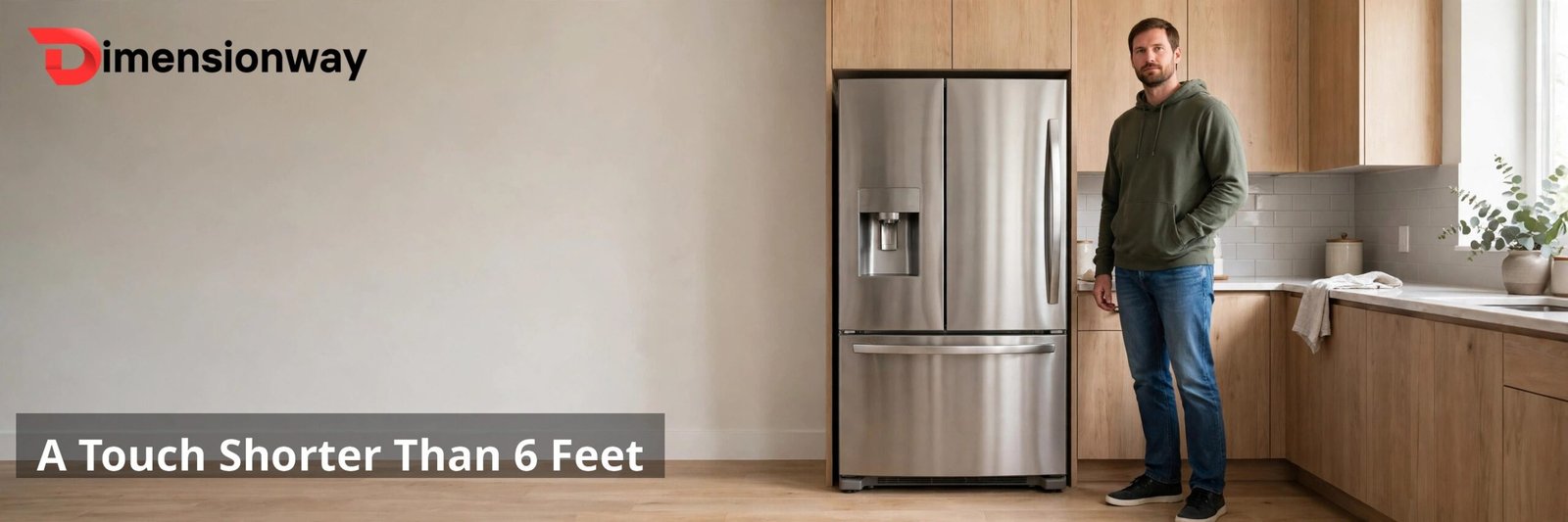 A six-foot-tall person standing next to a refrigerator.
