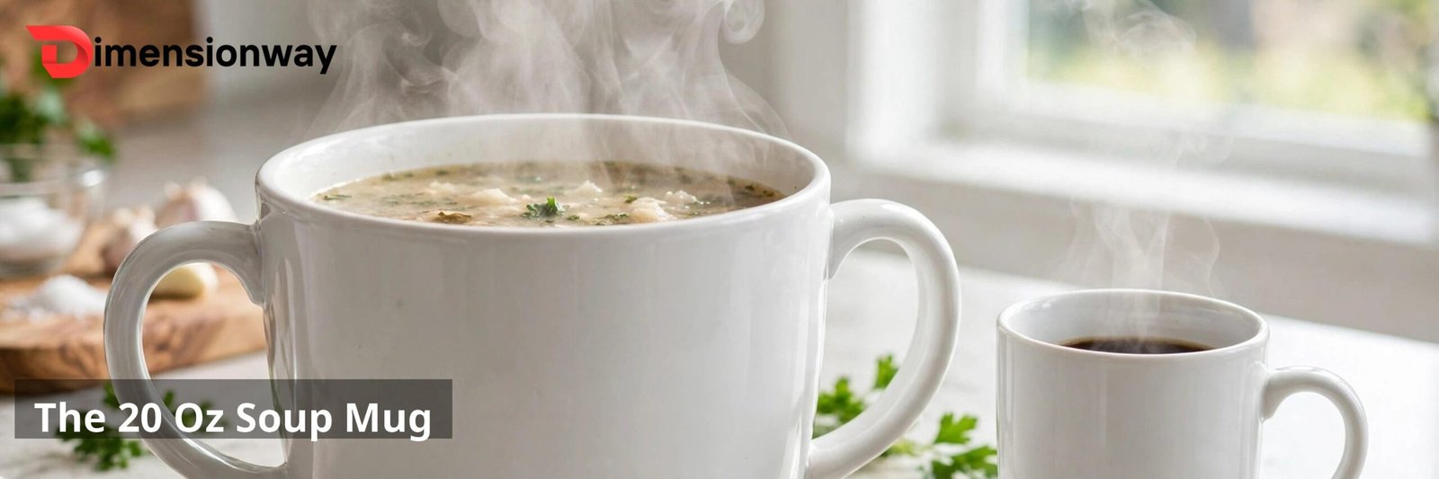 A large soup mug with two handles next to a standard white coffee mug on a kitchen counter.