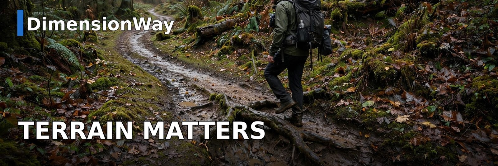 Hiker carefully walking a muddy forest trail showing how terrain slows walking speed