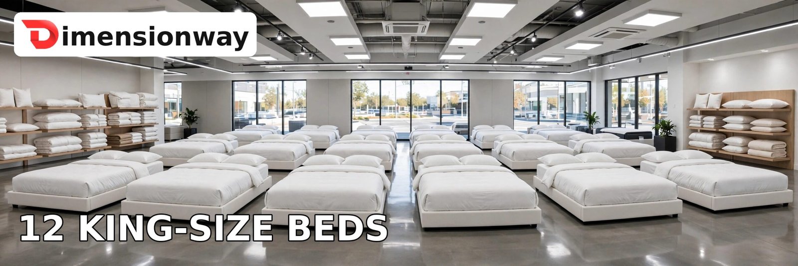Twelve king-size beds in a grid covering about 500 square feet