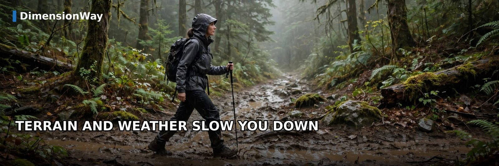 Hiker crossing a muddy forest trail showing how terrain slows walking speed