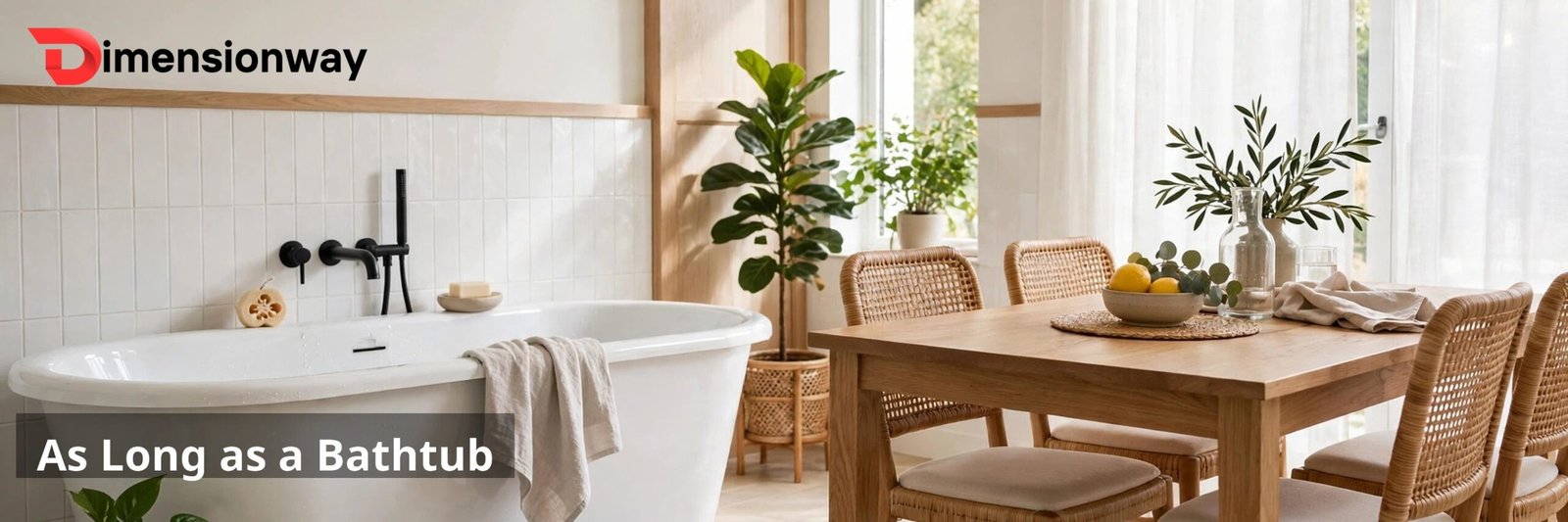 A white bathtub in a bright bathroom with a dining table beside it showing similar lengths.