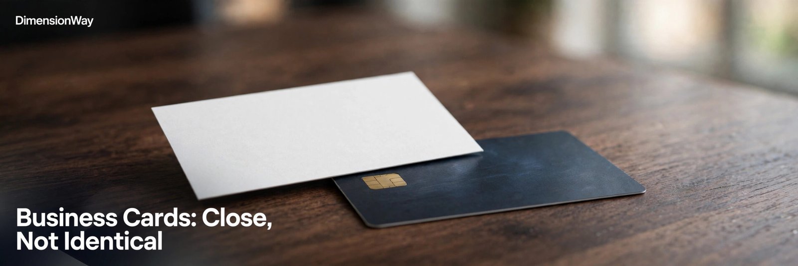 A white business card slightly overlapping a credit card on a dark walnut desk.