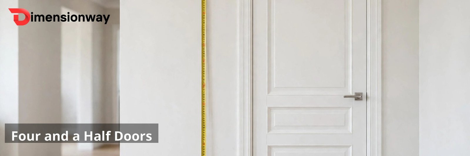 A tall standard interior door with a measuring tape running up the wall beside it.