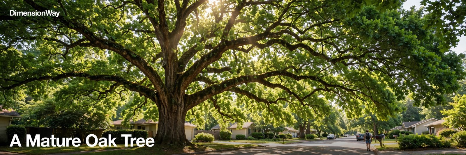 Mature oak tree towering 60 feet over a suburban street in summer.