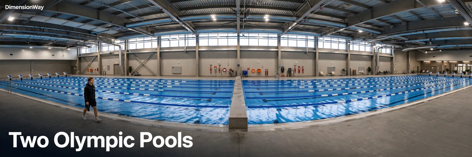 Person walking the deck alongside two Olympic-size swimming pools end to end.