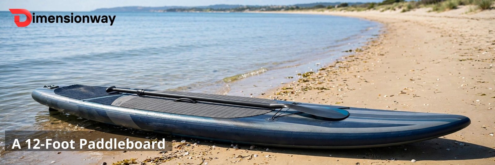 A 12-foot touring paddleboard on a sandy beach.