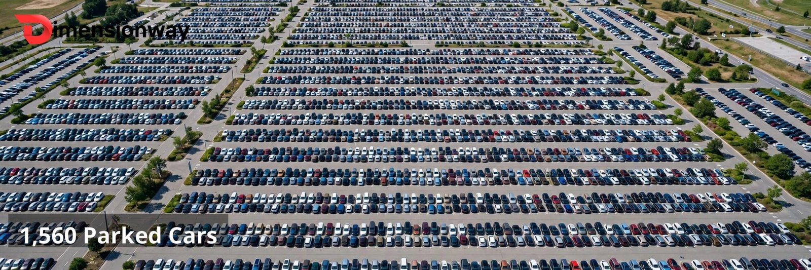 Aerial view of a large parking lot full of cars.
