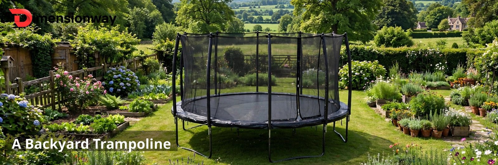A large round backyard trampoline with a safety net in a garden.