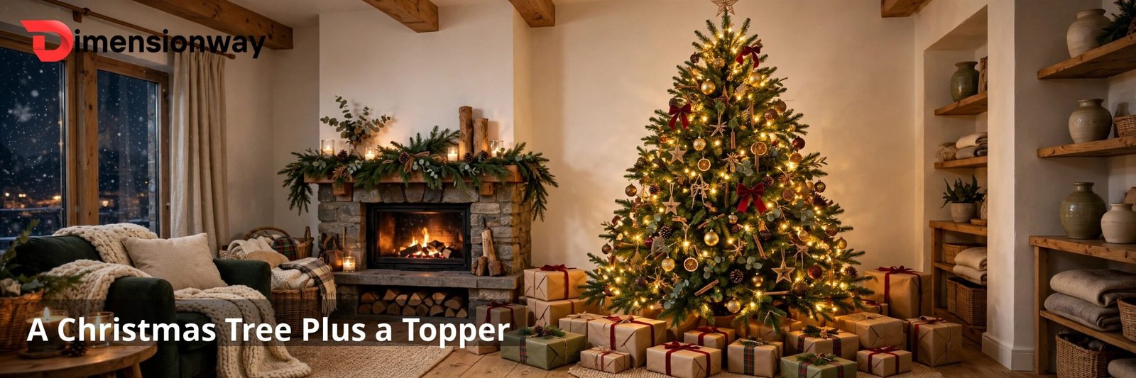 A decorated Christmas tree nearly reaching the ceiling of a cozy living room.