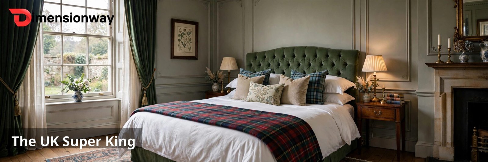 An elegant British style bedroom with a super king bed with tufted headboard.
