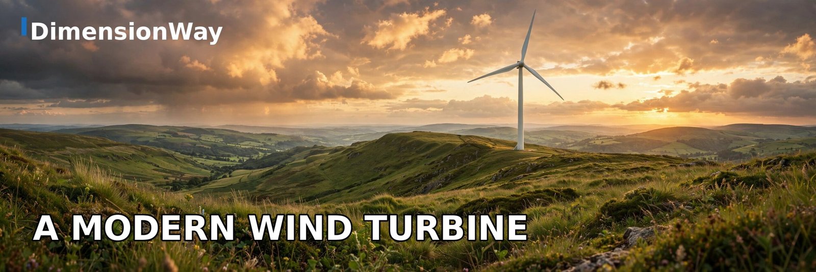 Modern white wind turbine on a green hill at golden hour, blades high in the sky.