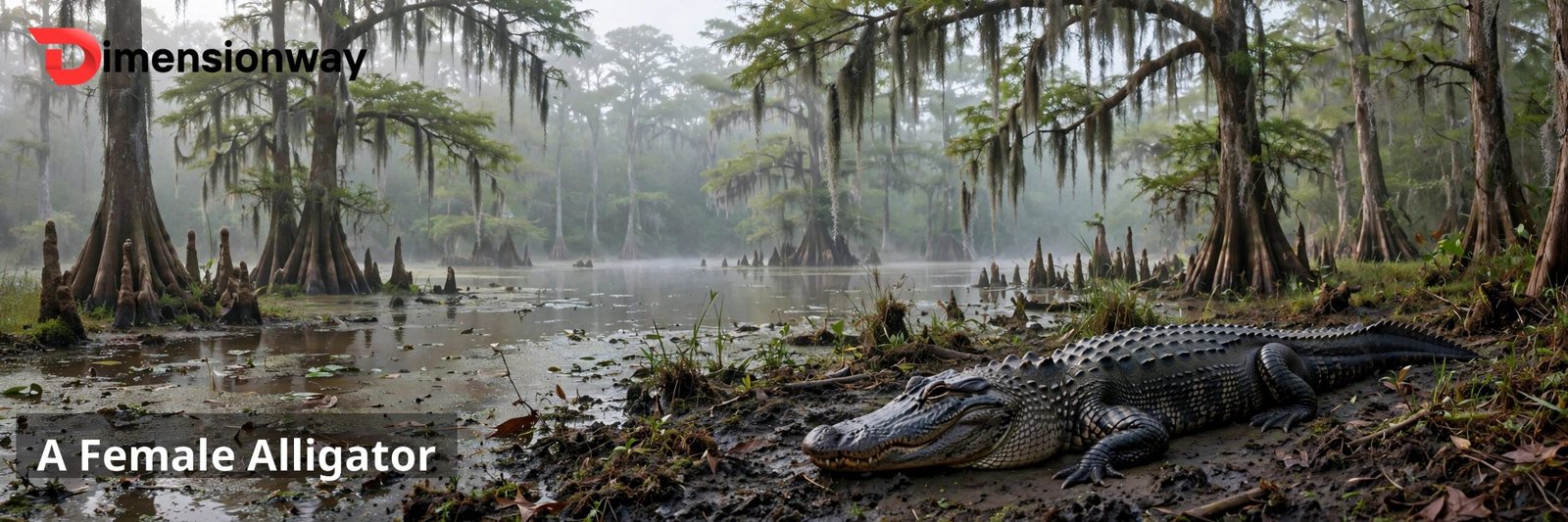An American alligator resting at the edge of a swamp.