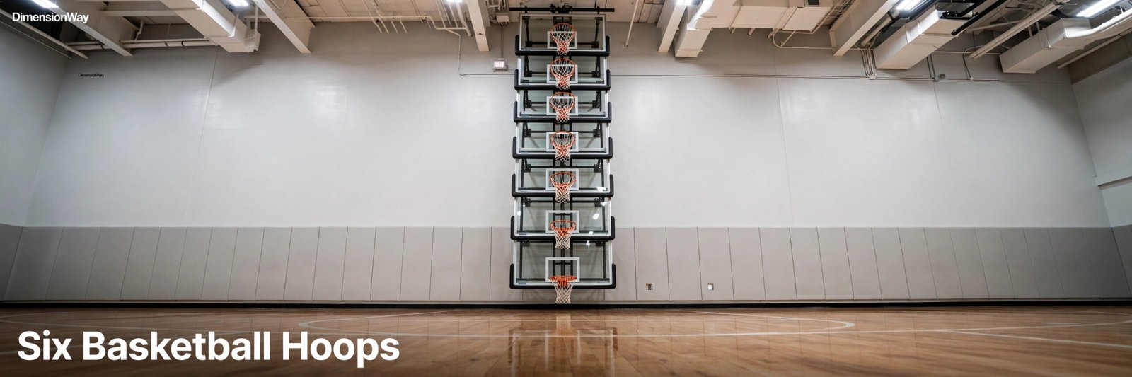 Basketball hoops stacked six high conceptually against a gym wall, reaching 60 feet.