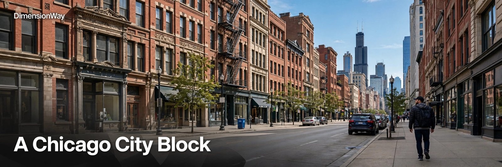 Person walking a Chicago city block with the downtown skyline behind.