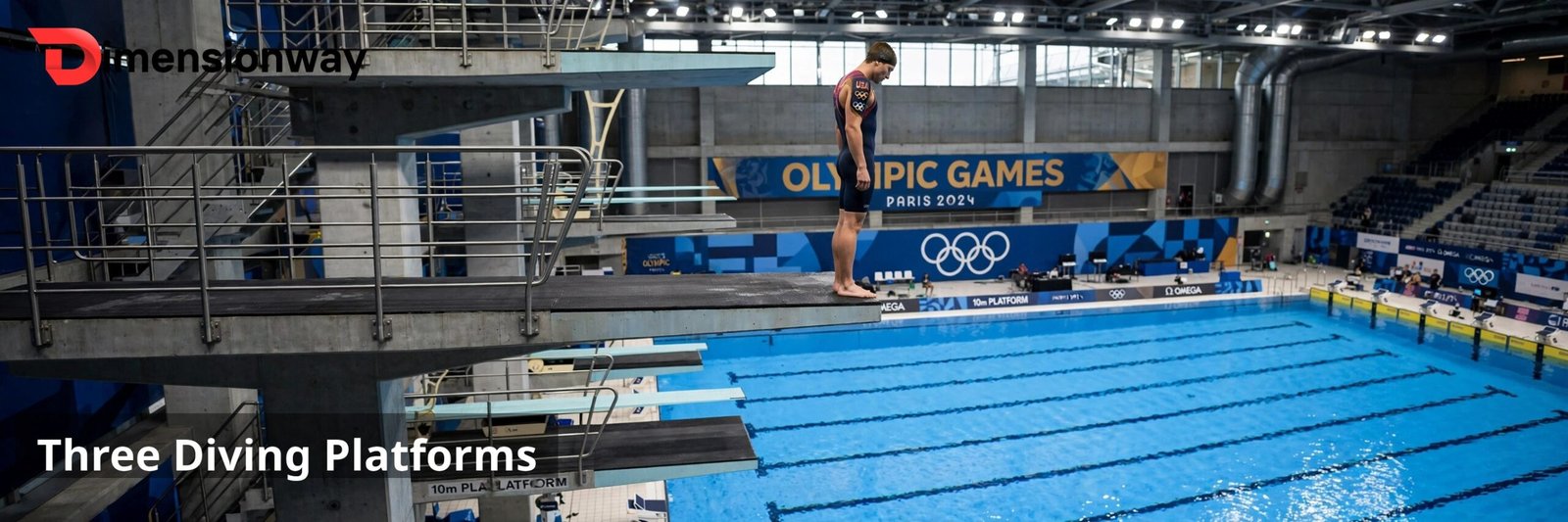 An Olympic diver standing on a 10 meter platform above a pool.