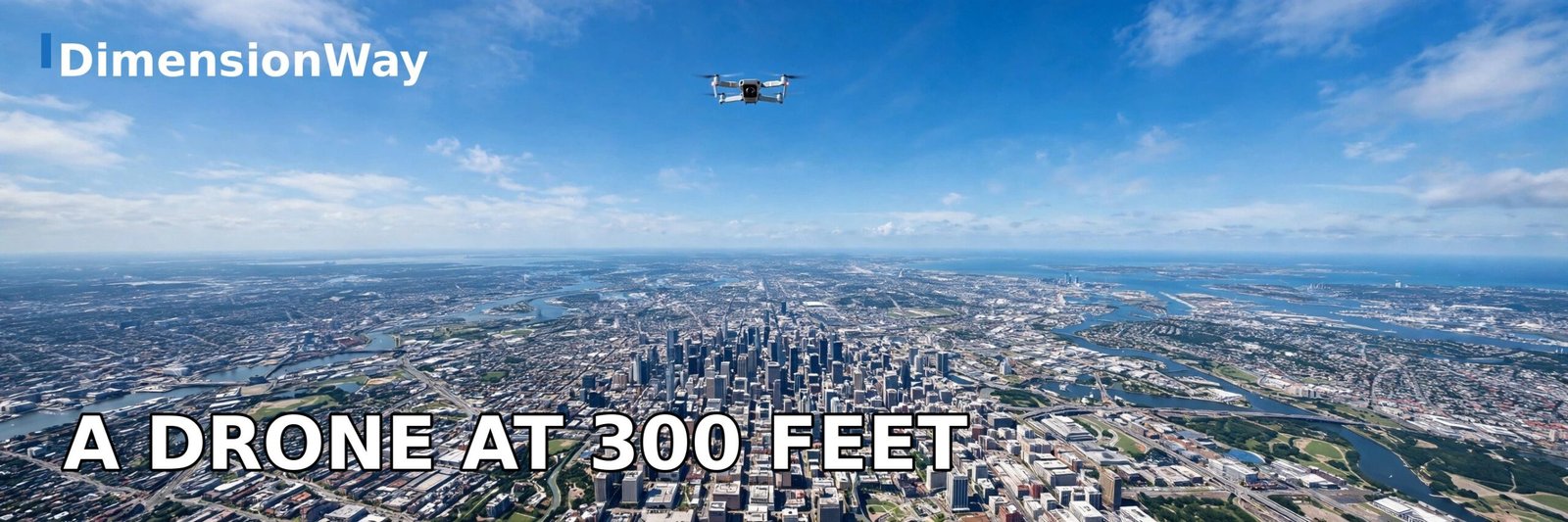Small drone hovering high in a blue sky above a city skyline 300 feet below.