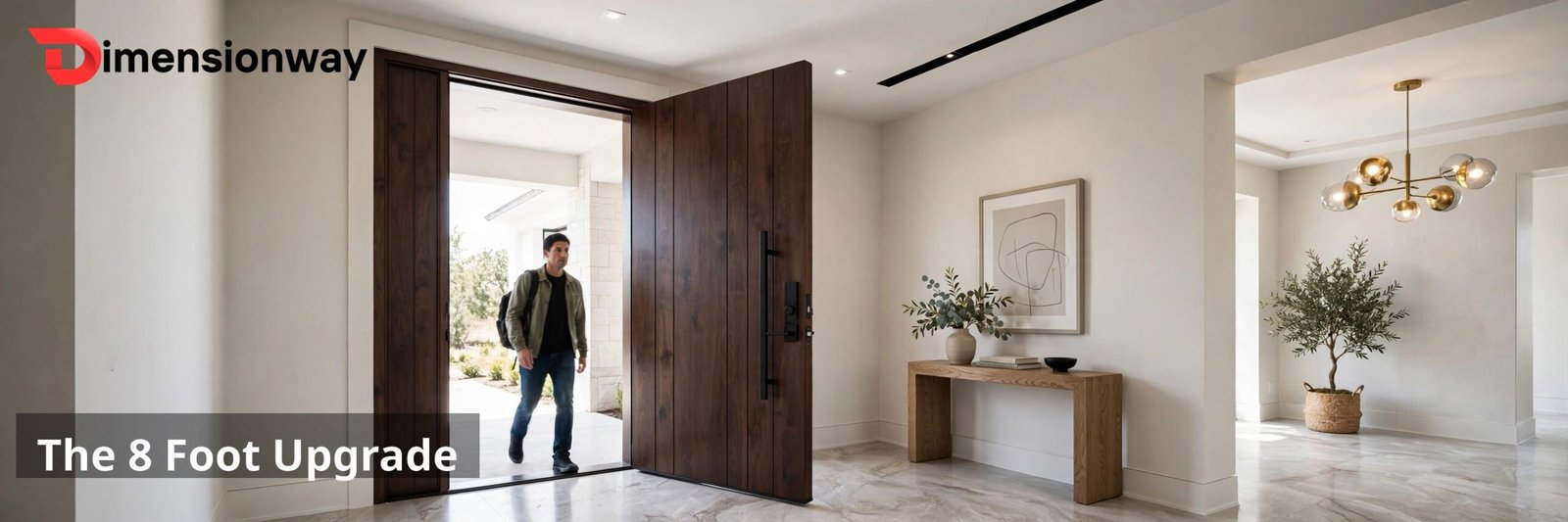 An eight foot tall door in a modern home with high ceilings.