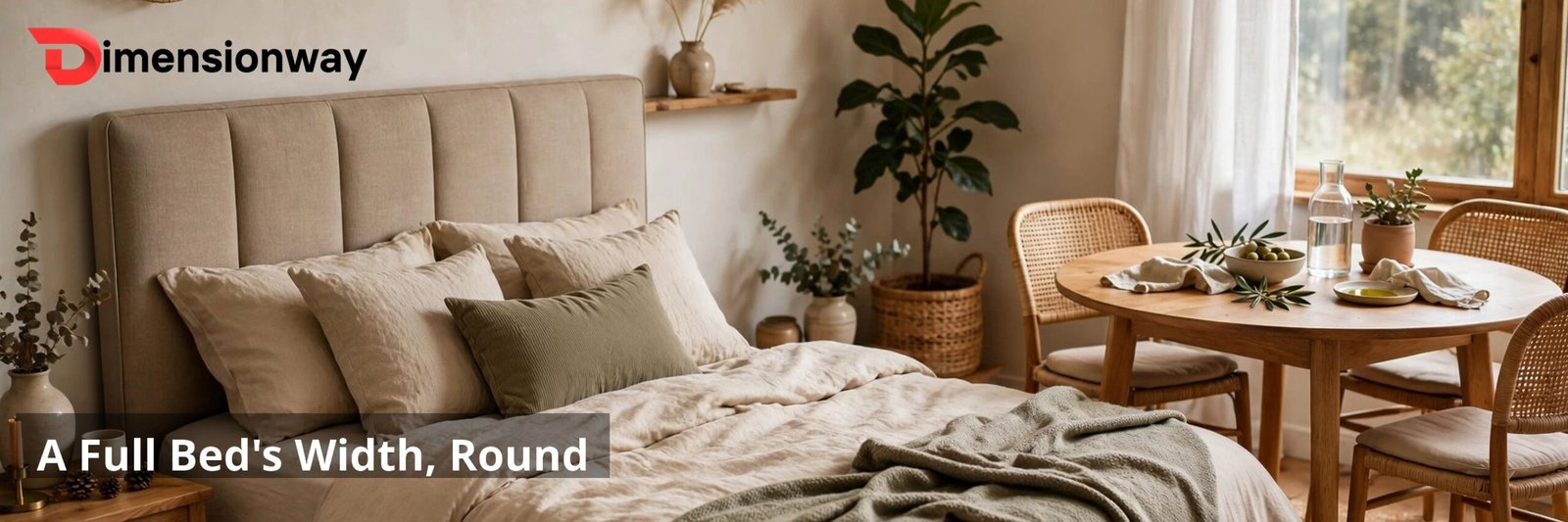 A full-size bed with headboard in a cozy bedroom, round dining table nearby.