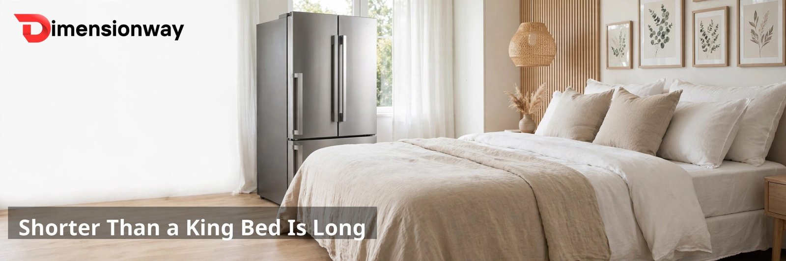 Refrigerator next to a king-size bed, shorter than the bed is long.