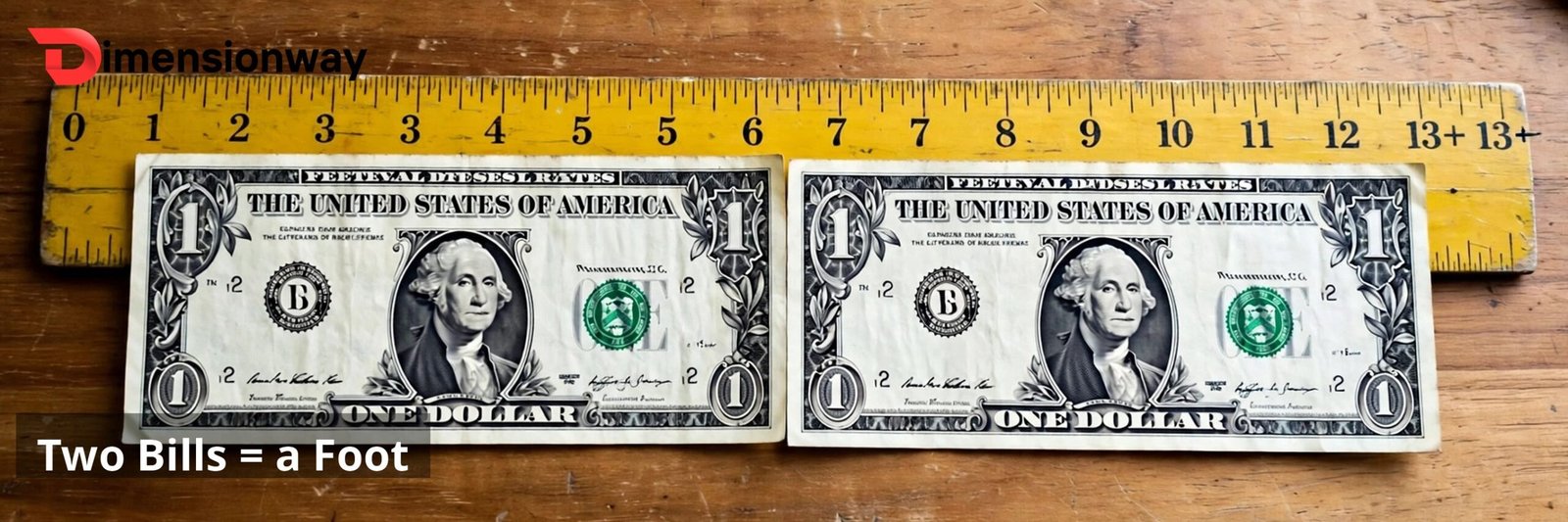 Two dollar bills end to end against a ruler, just over a foot.