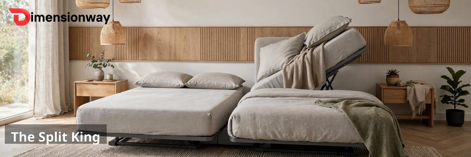 A split king adjustable bed with one side flat and the other side raised.
